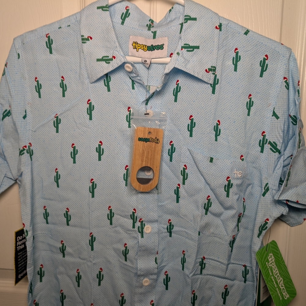 Tipsy Elves Christmas Hawaiian Cactus  Button Down Short Sleeve Shirt Size S NWT